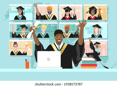 Online graduation ceremony, happy smiling african american male student with diploma and graduate hat at laptop. Diverse young people remote virtual celebration meeting during quarantine vector banner