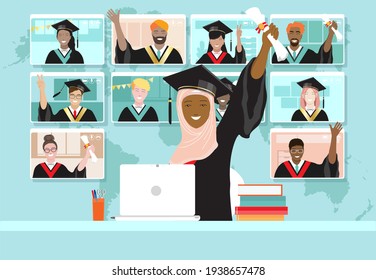 Online graduation ceremony, happy smiling muslim woman student in hijab with diploma and graduate hat at laptop. Diverse young people remote virtual celebration meeting during quarantine vector banner
