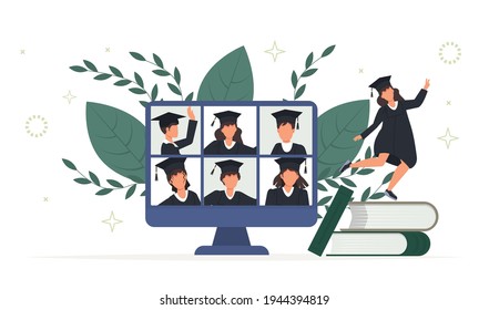 Online graduation ceremony, happy smiling graduate students with diploma, graduate hat stand at computer screens. Diverse young people remote virtual celebration meeting during quarantine