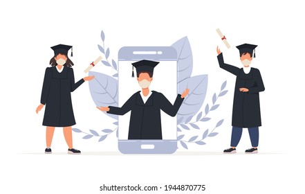 Online graduation ceremony, happy smiling graduate students with diploma, graduate hat stand at phone screens. Diverse young people remote virtual celebration meeting during quarantine