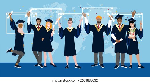 Online Graduation Ceremony, Happy Smiling Graduate Students With Diploma, Graduate Hat, At Screens, World Map. Diverse Young People Remote Virtual Celebration Meeting During Quarantine Vector Banner