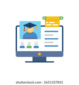 Ceremonia de graduación en línea en un monitor de computadora en estilo plano. Ilustración vectorial de la graduación virtual, educación, aprendizaje.