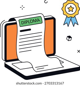 Graduación en línea y certificado que muestra el aprendizaje virtual en una computadora portátil con una insignia. Adecuado para cursos, formación o conceptos de grado. Ilustración vectorial plana isométrica.