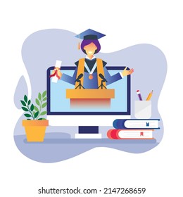 Online graduation from collage to celebrate reach the high score cumlaude student vector artwork 