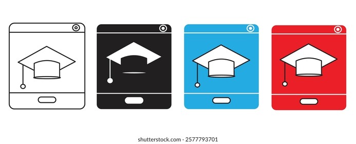 online graduation, with the concept of a graduation cap displayed on the cellphone screen, icon vector illustration.