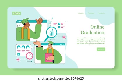 Online Graduation concept. Emphasizes the importance of virtual learning in achieving educational goals. Represents students engaging in online courses and interactive learning. Vector illustration.