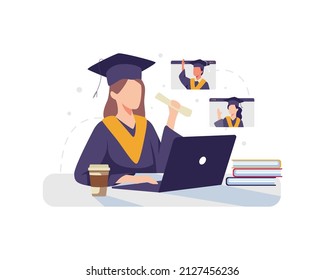 Online graduation concept illustration. Student character in graduate cap with laptop. Vector illustration in a flat style