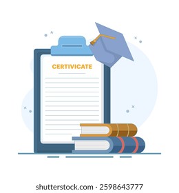 Online Graduation Concept. Tablet with Graduation Cap and Glass Book. School or College Education. Graduating with Happiness. Education Diploma. Flat Vector Illustration Design on Background.