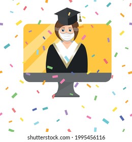 Online Graduation Concept Vector Illustration. Virtual graduation in desktop computer. Online graduation for class of 2021 because of corona virus pandemic. Girl in academic gown. Confetti texture
