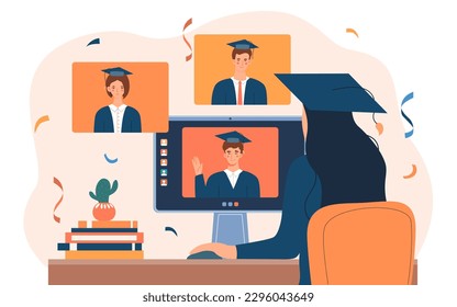 Online graduation concept. Woman in graduate magnum and cap sits in front of computer. Successful and hardworking student at remote ceremony. Education and training. Cartoon flat vector illustration