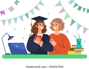 Online graduation concept. A young girl graduate enjoys a red diploma with her mother. Flat vector illustration
