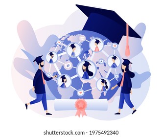 Online graduation. Graduates all over World receive diplomas and communicate via video. Online education at social distancing. Modern flat cartoon style. Vector illustration on white background