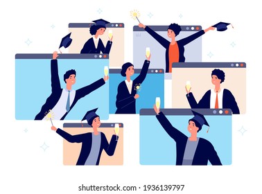 Online graduation. Graduates virtual party, young men celebrate video call. Happy people together, digital event. New normal utter vector concept