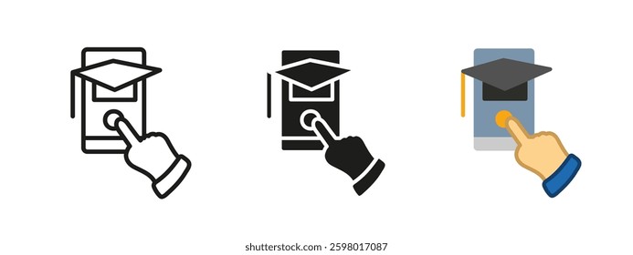 Online graduation icon. Online education and learning with degree certification. Virtual study with phone, finger pressing button for graduation ceremony. E-learning vector illustration for school.