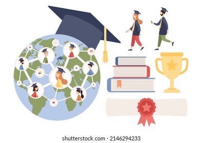 Online graduation icon set. Graduates all over World receive diplomas. Online education at social distancing symbol. Planet Earth with graduation cap. Vector flat illustration