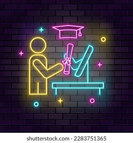 Online, Graduation neon icon. Education neon icon on dark brick wall background