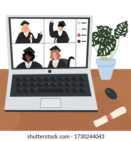 Online graduation. Nice vector flat illustration with graduates who communicate via video. Graduation in quarantine.