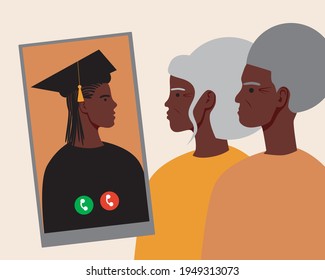 Graduación en línea con padres. Ilustración plana de drenaje vectorial. Concepto de graduación en línea. Afrograduada, videollamada a los padres. Soltero o maestro afro. Ilustración aislada