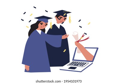 Online graduation. Two students in a bathrobe and a hat with a tassel receive a diploma. A hand from the computer holds out a document. Vector illustration. All elements are isolated. 