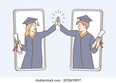 Online graduation from university concept. Smiling happy graduates boy and girl shaking hands celebrating success online from smartphone screens vector illustration 