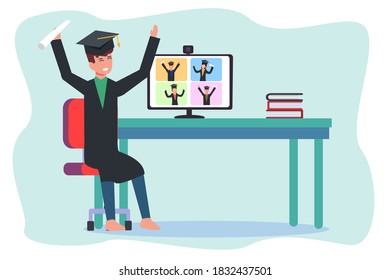 Online graduation vector concept: University student celebrating graduation on video conference during pandemic of corona virus