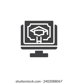 Online graduation vector icon. Computer Monitor with diploma certificate filled flat sign for mobile concept and web design. Online degree glyph icon. Symbol, logo illustration. Vector graphics