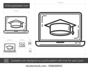 Ícone de linha de vetor de graduação online isolado no fundo branco. Ícone de linha de formatura online para infográfico, site ou aplicativo. Ícone escalável projetado em um sistema de grade.