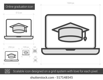 Online graduation vector line icon isolated on white background. Online graduation line icon for infographic, website or app. Scalable icon designed on a grid system.
