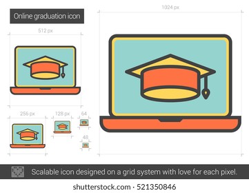 Online graduation vector line icon isolated on white background. Online graduation line icon for infographic, website or app. Scalable icon designed on a grid system.