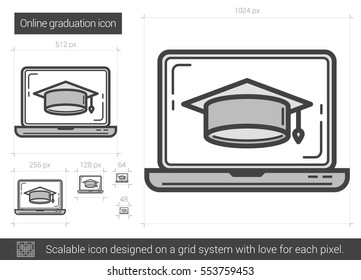 Online graduation vector line icon isolated on white background. Online graduation line icon for infographic, website or app. Scalable icon designed on a grid system.