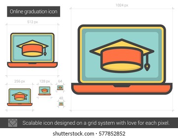 Online graduation vector line icon isolated on white background. Online graduation line icon for infographic, website or app. Scalable icon designed on a grid system.