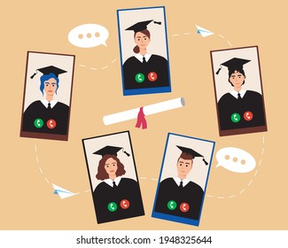 Online graduation, video call. Flat vector illustration. Quarantine graduation concept. Classmates graduates call on the video. Celebration online. Graduation at the university. Vector graphics