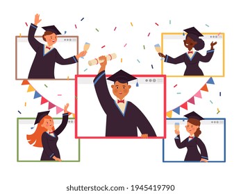Online graduation. Virtual party, people celebration on video. Graduate students drink event, connection from home for celebrate decent vector concept