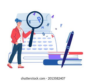 Online grammar editor and creative writing, storytelling concept with woman proofreading document. Copywriting and grammar correction, flat cartoon vector illustration isolated on white background.