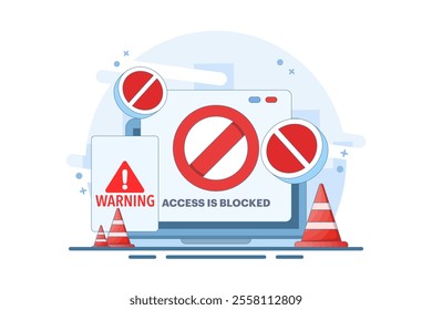 Online graphic concept of restricted access blocked on device, unauthorized internet web access prohibited or blocked, digital security sign prohibited denied, cyber danger warning.