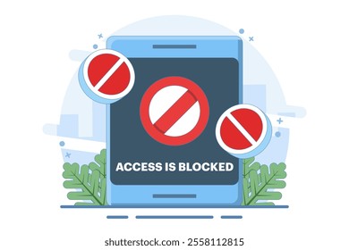 Online graphic concept of restricted access blocked on device, unauthorized internet web access prohibited or blocked, digital security sign prohibited denied, cyber danger warning.