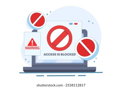 Online graphic concept of restricted access blocked on device, unauthorized internet web access prohibited or blocked, digital security sign prohibited denied, cyber danger warning.
