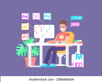 Online graphic courses concept. Young guy student in glasses sits at the computer next to icons of graphic formats on purple background. Vector illustration