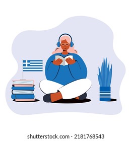 Online Greek language courses flat vector illustration. Distance education, distance school, Greek University. A student is reading a book. Online classroom, e-learning language school in Greece, isol