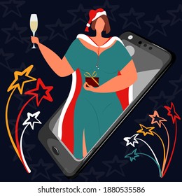 Online greeting with Christmas. A woman in New Year's clothes holds a glass of champagne and a Christmas present. Celebration during quarantine, remote congratulations.