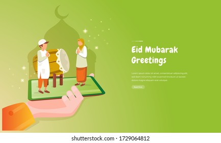 Online greeting illustration with mobile background for Eid Mubarak concept