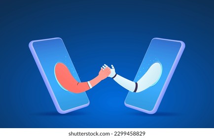 Online greeting robot and human. Hand of digital chat bot gesturing hello from smartphone.