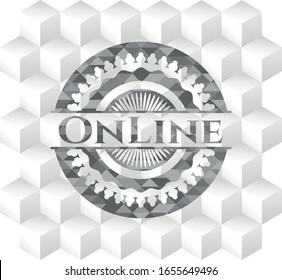 Online grey emblem. Retro with geometric cube white background