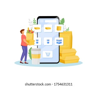 Oferta especial de alimentación en línea que ofrece ilustración vectorial de concepto plano. Comprador de productos, cliente con verduras y caricatura 2D de comida rápida para diseño web. Comida, almuerzo gratis, idea creativa