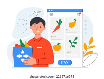 Online groceries concept. Man with fresh and organic products stands next to smartphone screen. Home delivery and quality service. Proper nutrition and balanced diet. Cartoon flat vector illustration