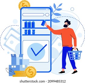 Online groceries, man pick up food from market shelf. Vector market food, grocery online, supermarket store, buy by customer illustration