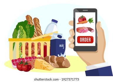 Online groceries shopping concept. Person ordering groceries using smartphone mobile application. Basket with fresh organic products, food delivery concept flat vector illustration - Shutterstock ID 1927371773