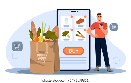 Compras de comestibles en línea. Hombre cerca del Grande teléfono inteligente pide verduras y frutas en casa. Transferencias y transacciones sin efectivo. Entrega a domicilio y envío. Ilustración vectorial plana