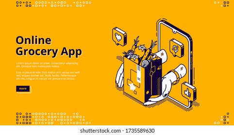 Online Grocery App Isometric Landing Page. Food Order And Delivery Service Application For Mobile Phone. Hands Giving Shopping Bag With Products From Smartphone Screen, 3d Vector Line Art, Web Banner