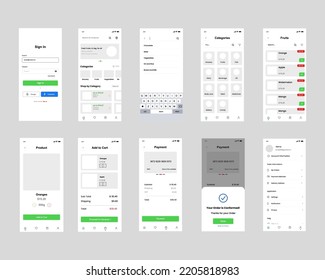 Pantallas de aplicación Online Grocery configuradas para la plantilla de aplicación móvil UI UX interfaz de usuario GUI kit. supermercado en línea.